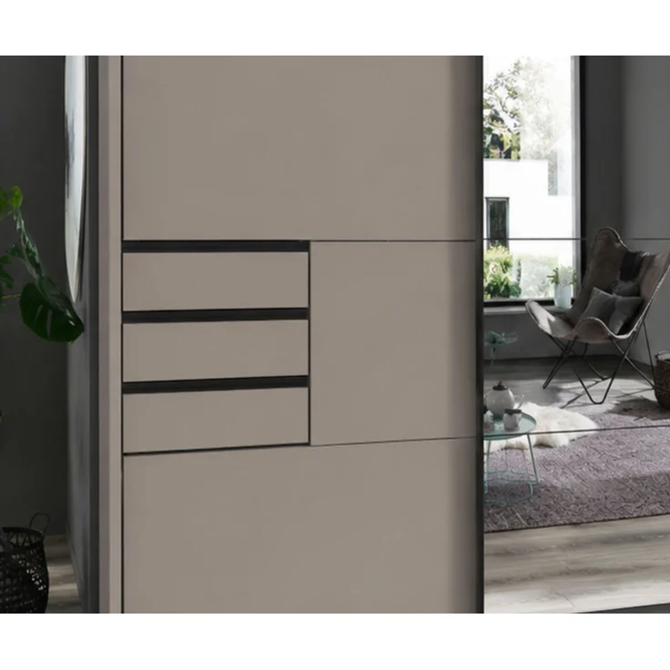 Schwebetürenschrank Kleiderschrank 3-trg 273cm Sandgrau Spiegel u. Passepartout – Bild 4