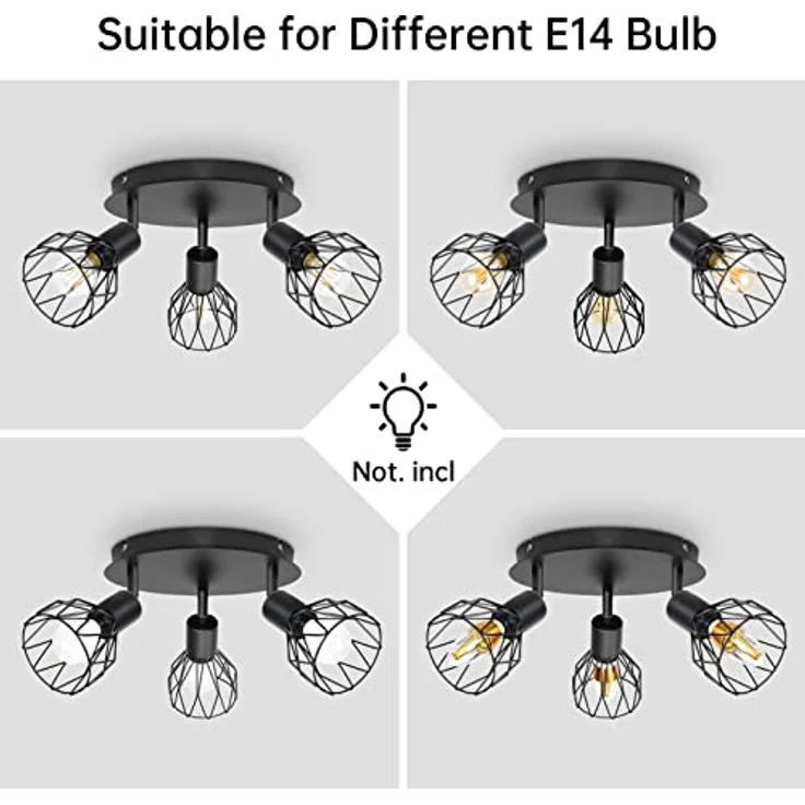 Dehobo Led Deckenstrahler Schwenkbar 350°, Deckenleuchte E14 3 Flammig Schwarz, Spotleuchte Wand, Deckenlampe Spots Led, LED Wandstrahler für Küche, Wohnzimmer, Schlafzimmer, Nein E14 Leuchtmittel – Bild 6