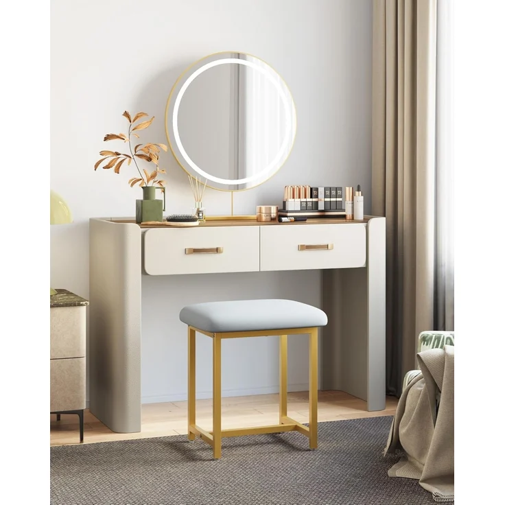 Mondeer Schminkhocker, Makeup Eitelkeit Hocker, Fußhocker Stuhl mit goldene Metallbeine, für Make-up Raum Schlafzimmer Wohnzimmer Eingang Flure, 41 × 31 × 44.5 cm, Grau+Gold – Bild 2