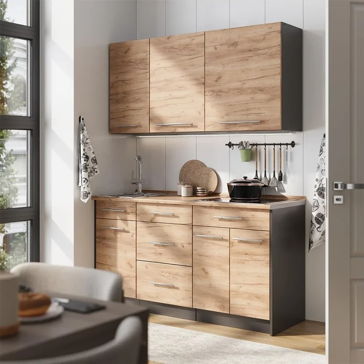 Singleküche Fame-Line Goldkraft Eiche/Anthrazit 150 cm ohne Arbeitsplatte Vicco – Bild 2