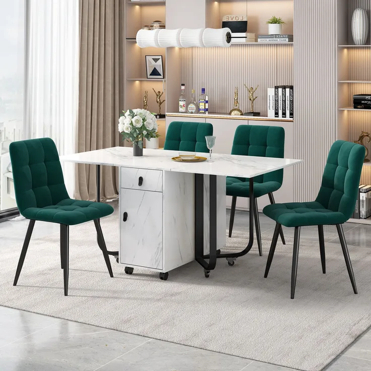 Essgruppe Set, klappbarer Esstisch 150x80x76 cm & 4 dunkelgrüne Samtstühle