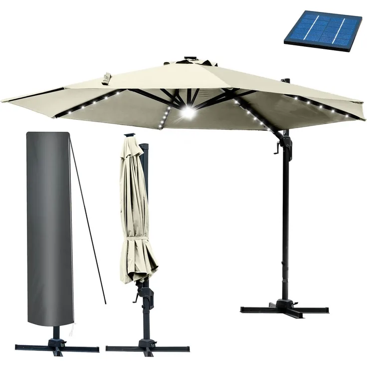 BRAST Alu Sonnenschirm Ampelschirm Ø300cm Beige + LEDs Schützhülle UV-Schutz 50+ wasserabweisend drehbar & höhenverstellbar