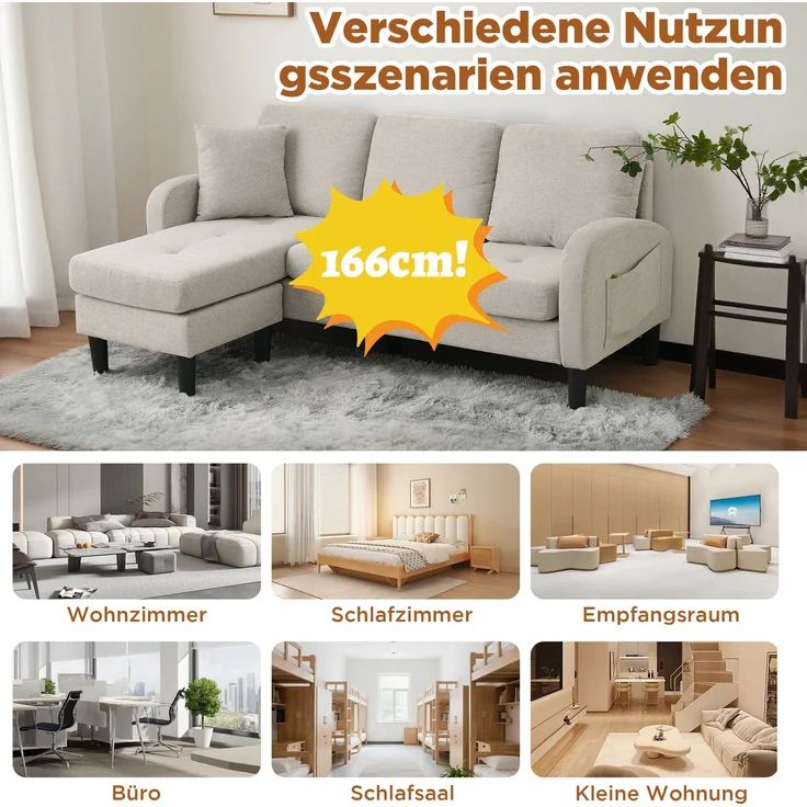 DESVIAE Sofa 3-Sitzer mit flexibler Chaiselongue 166x77x118 cm Baumwoll-Leinen-Bezug Beige Grau/Weiß – Bild 4