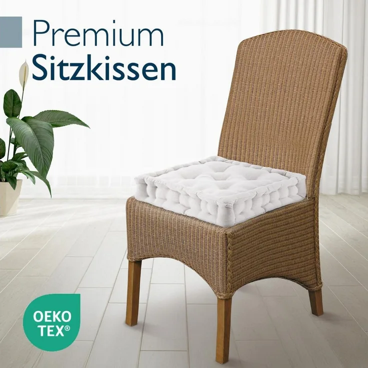 Beautissu Stuhlkissen 4er Set Bodenkissen Sitzkissen Mila, 50x50cm, Natur, Matratzenkissen 10cm, 100% Baumwolle Stuhlkissen Indoor & Outdoor