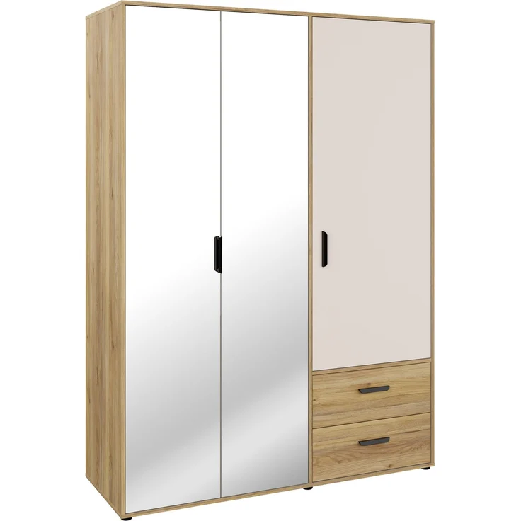 Forte MOKKARO Kleiderschrank 140 150, moderner Drehtürenschrank, 3-türig, 2 Schubladen, Spiegel, Mauvella Eiche Holzdekor|Kaschmir Beige, 144,4 cm breit x 200,1 cm hoch x 52,7 cm tief – Bild 3