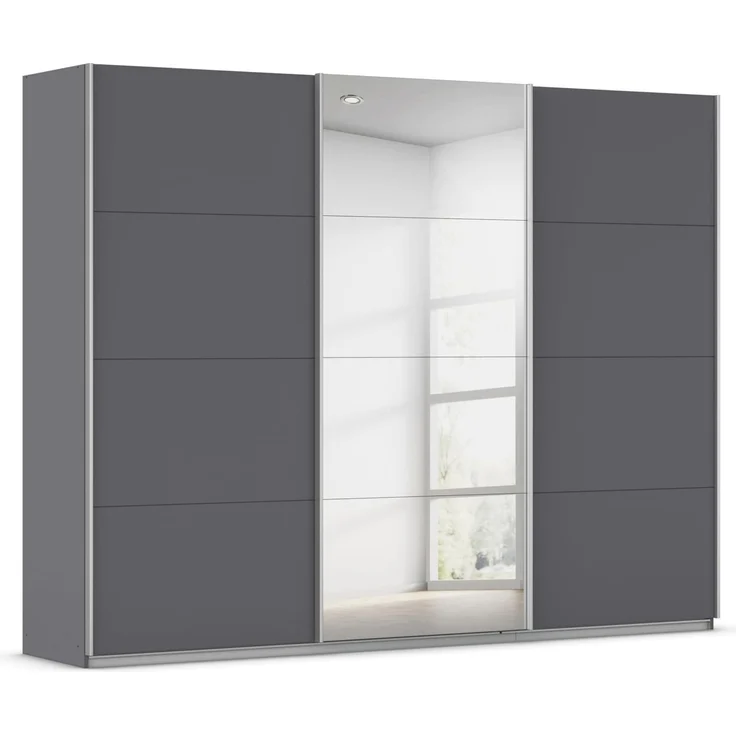 Rauch Möbel Kulmbach, Kleiderschrank mit Schwebetüren für Schlafzimmer, Kinderzimmer, Jugendzimmer, Garderobe, Flur, 3-türig, mit Spiegel, Zubehör Classic, Farbe Grau metallic, Schwarz, Breite 271 cm