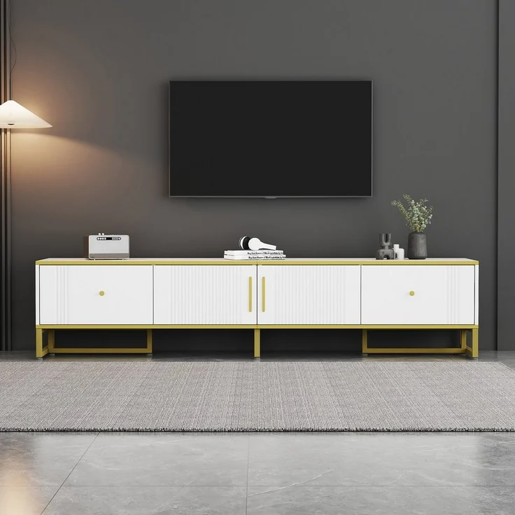 HAUSS SPOLE Lowboard mit goldener Umrandung, 2 Türen, 2 Schubladen, verstellbaren Füßen (Fernsehtisch, TV-Ständer, 1 St, 2 Türen, 2 Schubladen), mir verstellbaren Füßen und Kabelmanagement – Bild 3