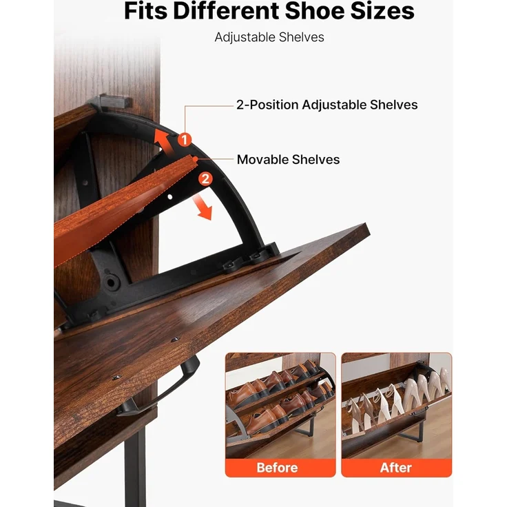 VEVOR Schuhschrank mit 2 Klappen & Kippschutz, platzsparender Schuhkipper, freistehender Schuhregal-Organizer für den Eingang Flur Wohnzimmer Veranda, Vintage Schuhregal 800 x 240 x 973 mm Braun – Bild 7
