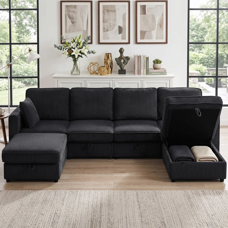 HOMCOM Ecksofa, Cord, Dunkelgrau, 306 x 153 x 85 cm – Bild 2