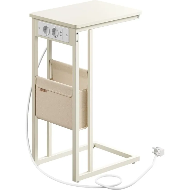 Vasagle Beistelltisch, Nachttisch mit Steckdosen, C Form, Couchtisch für kleine Räume, 2 USB-Anschlüsse, 2 AC-Steckdosen, Aufbewahrungstasche, verstellbare Füße, cremeweiß