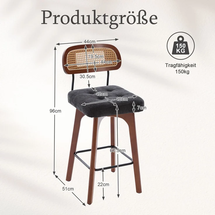 2er-Set um 360° drehbare Barhocker, Küchen- und Frühstücksbarhocker mit Rückenlehne, Rückenlehne aus Rattan mit gepolsterter Sitzfläche, Barhocker im modernen Mid-Century-Stil(schwarz, Chenille-Stoff--Schwarz--51x44x96cm--YOUDENOVA – Bild 6