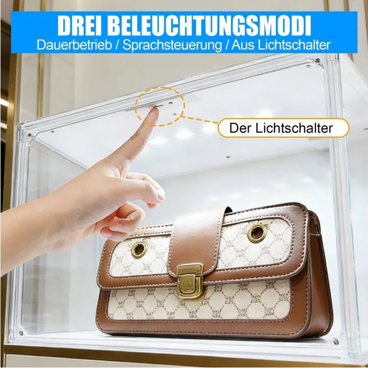 XIIW Vitrine LED Schuhboxen Displaybox Transparent Stapelbare Aufbewahrungsbox (Set, 2er Set, 36 × 22 × 27 cm) Sammlerbox mit LED, Magnettür und transparentem Sichtfenster – Bild 3