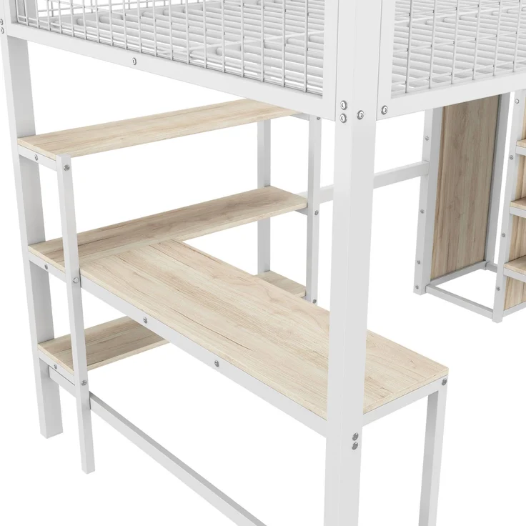Hochbett, 140*200 cm, Eisenbett, Ablageleiter, mehrere Regale, Ohne Matratze, Einbauschrank, Schreibtisch, Weiß – Bild 10