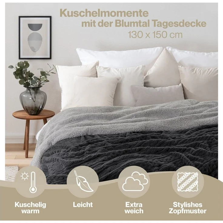 Blumtal Wohndecke, Oeko-TEX zertifiziert, waschbar, weiche Sherpa-Innenseite, Anthrazit/Grau, 230x270 cm – Bild 2