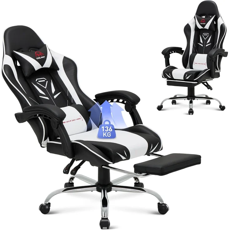 COLAMY Gaming Stuhl, Computer Stuhl mit Fußstütze und Lendenwirbelstütze, höhenverstellbarer Gaming Chair mit 360°-Drehsitz und Kopfstütze, Video Gamer PC Stuhl, Ergonomische hohe Rückenlehne, Weiß – Bild 1