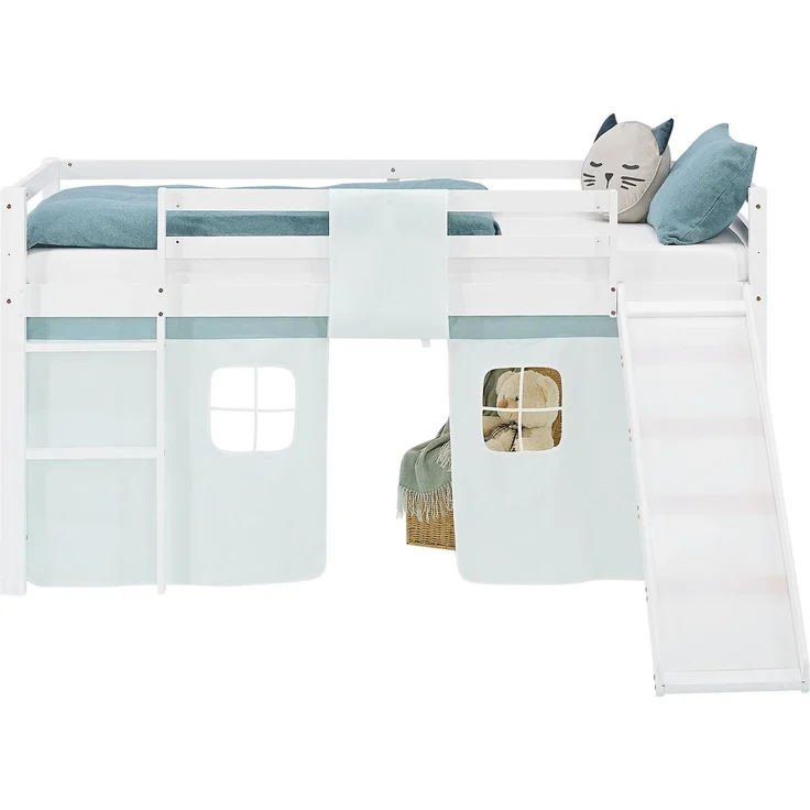 Hochbett Kinder 90x200 cm mit Rutsche Kinderbett Kinderhochbett Stockbett Vorhang Grün Mintgrün Leiter Holz Massiv – Bild 4