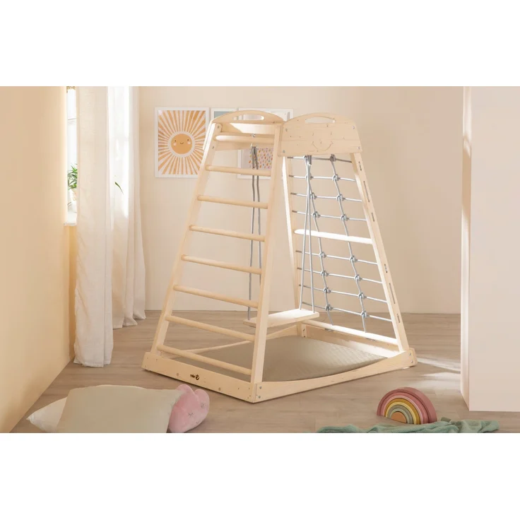 roba Montessori Indoor Spielturm inkl. 2in1 Rutsch- & Kletterbrett, Kletternetz- & Sprossenseite, Schaukel & Turnringen - Geeignet ab 24 Monaten - Belastbar bis 70 kg - Holz natur – Bild 13