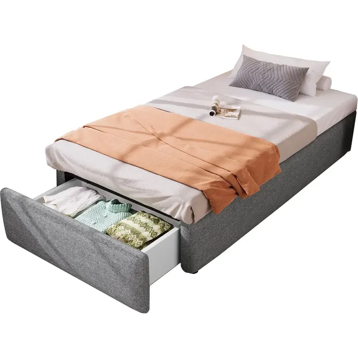 Futonbett mit Bettkasten, Lattenrost und Schublade, 90x200 cm, Bezug, Leinen – Bild 6