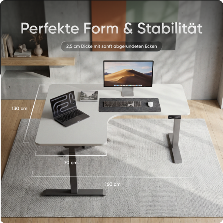 DESKSPACE Eck-Tischplatte, 2,5 cm massiv, weiß, 160x130x70 cm, ideale Holzplatte für Esstisch & höhenverstellbaren Eck-Schreibtisch – Bild 3