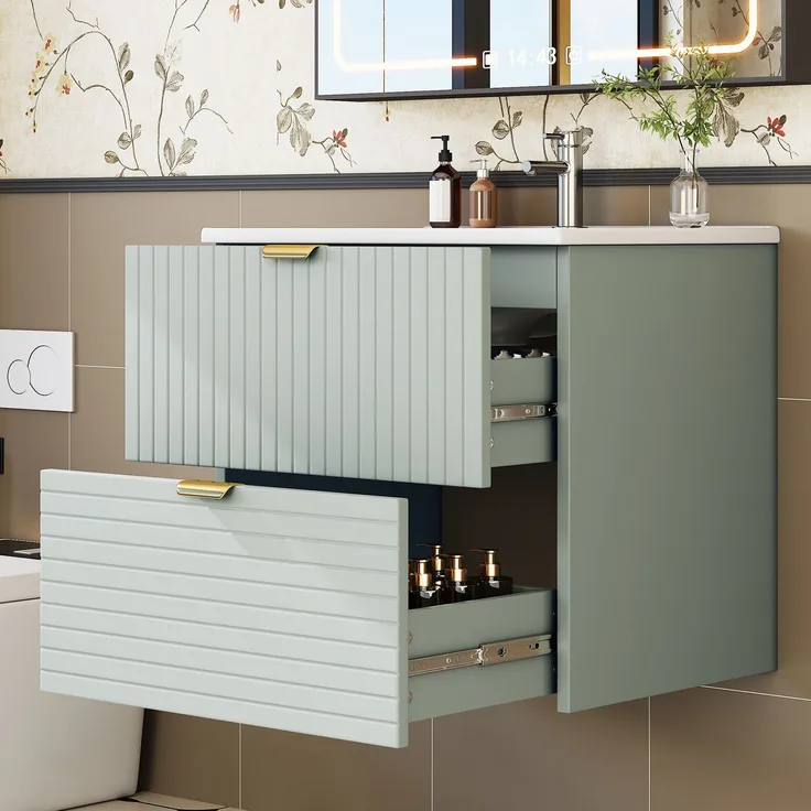 Waschtischunterschrank 61 x 46 x 57 cm, wandhängend, mintgrün, mit Keramikbecken und 2 Schubladen