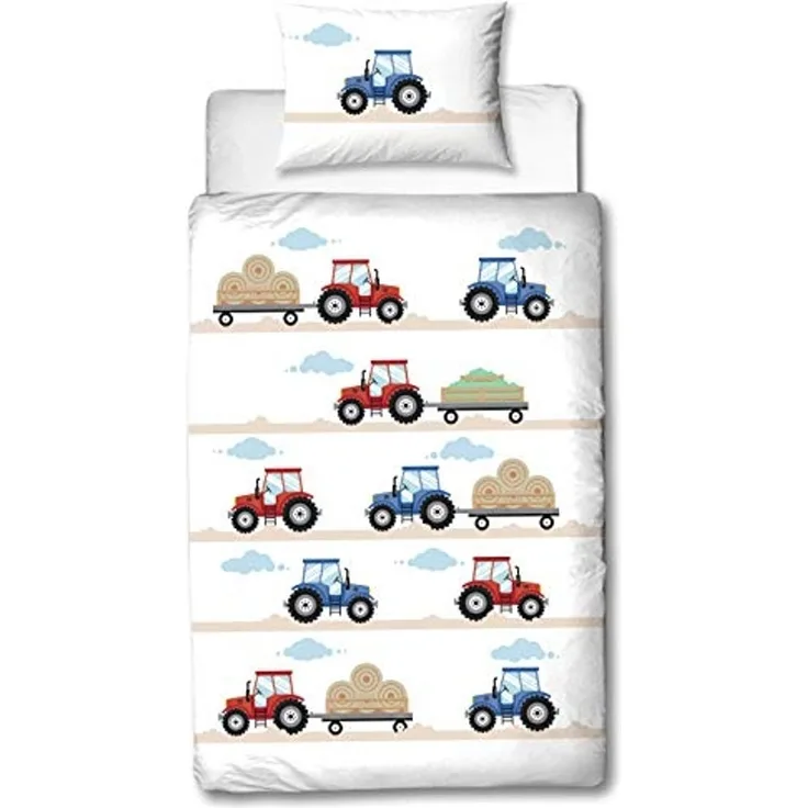 MTOnlinehandel Babybettwäsche Traktor 100x135 + 40x60 cm, 100 % Baumwolle, Biber, 2 teilig, soft und kuschelweich für Babys und Kleinkinder