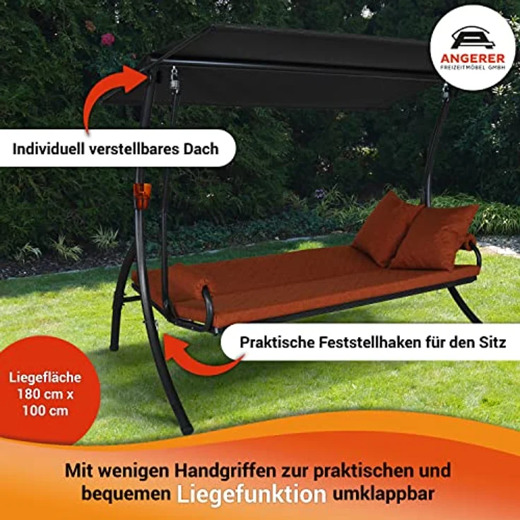 Angerer Freizeitmöbel Hollywoodschaukel 'Elegance Joy', terracotta, 3-Sitzer mit Bettfunktion, wetterfestem Sonnendach, abziehbaren und waschbaren Bezügen, Made in Germany, 210 x 145 x 160 cm – Bild 3