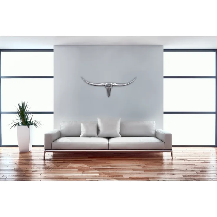 FineBuy Bull Geweih S Wanddekoration 74cm breit Alu Aluminium silber Aluminiumdekoration Wandgeweih Designdekoration