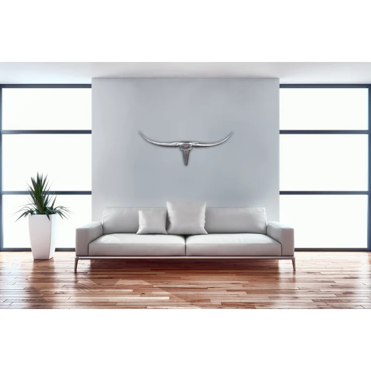 FineBuy Bull Geweih S Wanddekoration 74cm breit Alu Aluminium silber Aluminiumdekoration Wandgeweih Designdekoration – Bild 1