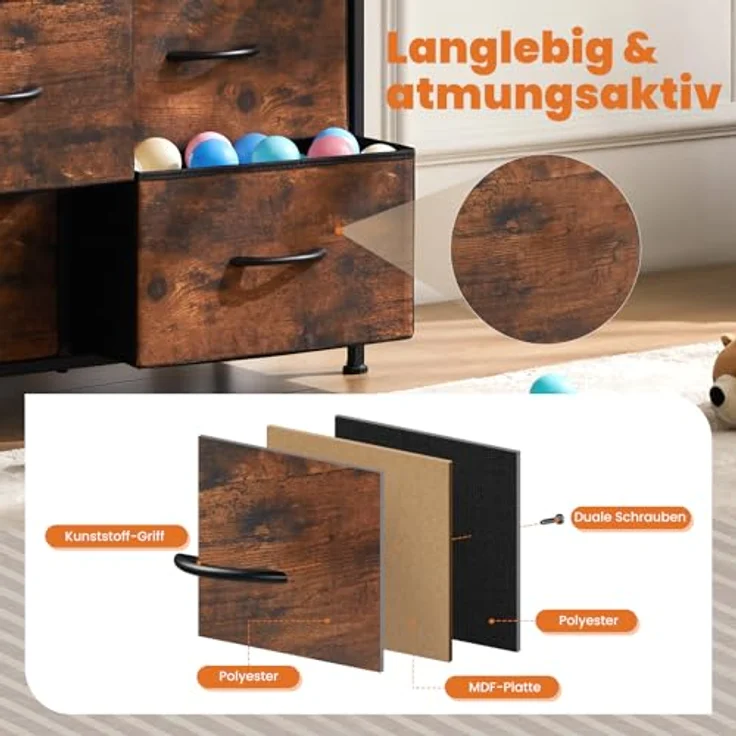 Sweetcrispy Kommode für Schlafzimmer mit 9 Stoffschubladen, hoher Truhenaufbewahrungsturm, Organizer-Einheiten für Kleiderschrank, Kinderzimmermöbel, Stahlrahmen, Holzplatte, leicht, schnell – Bild 6