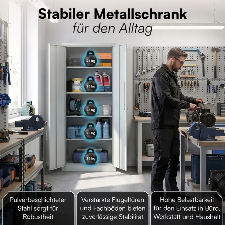 STEELSØN 'Regulus' Aktenschrank, Metall, grau, 175x40x80 cm, abschließbar, Metallschrank mit 5 Fächern, geeignet als Werkzeugschrank – Bild 3