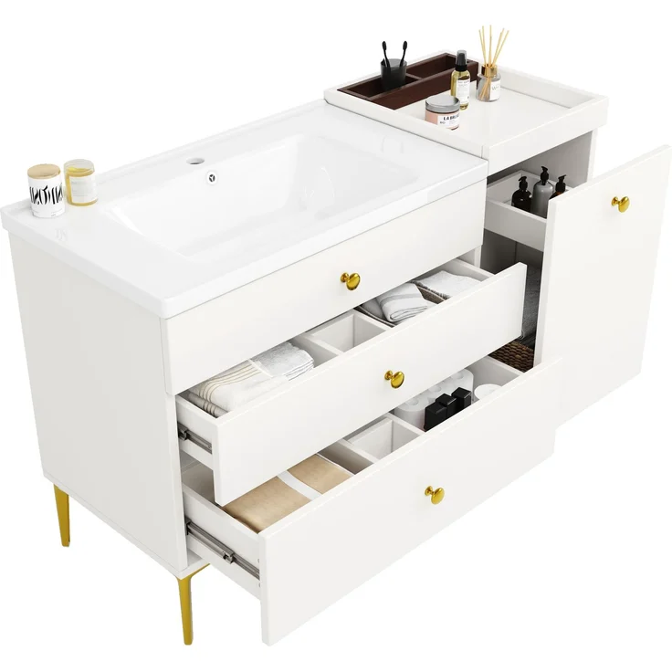 Waschtischunterschrank 120 x 47,5 x 80 cm mit Keramikwaschbecken – Badezimmerschrank in Weiß mit goldfarbenen Griffen – Bild 6