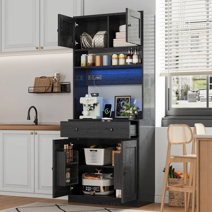 U-life Küchenschrank, fürs Wohnzimmer, Hochschrank mit LED, Küchenregal mit Steckdose, Gewürzregal, Durchdachtes Stauraumkonzept, MDF, Schwarz