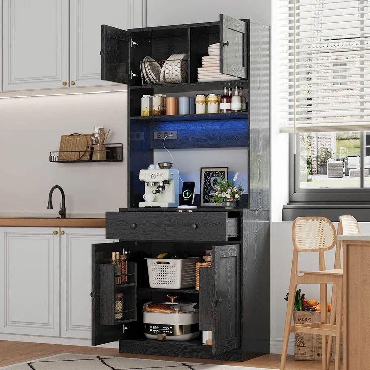 U-life Küchenschrank, fürs Wohnzimmer, Hochschrank mit LED, Küchenregal mit Steckdose, Gewürzregal, Durchdachtes Stauraumkonzept, MDF, Schwarz – Bild 1