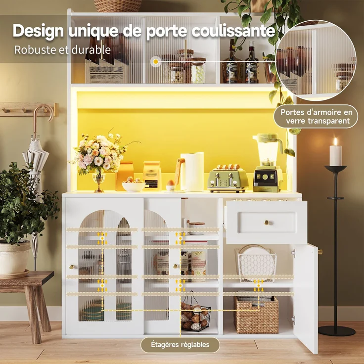 Küchenschrank, Hochschrank, Vitrinenschrank, Buffetschrank mit Verstellbaren Ablagen, Esszimmerschrank, Sideboard mit LED-Beleuchtung, Weiß--Weiß--120x35x167cm--YOUDENOVA – Bild 10