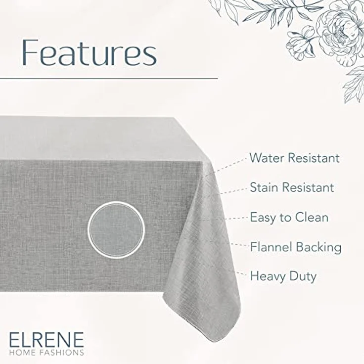 Elrene Home Fashions Monterey Leinen-inspirierte Tischdecke aus Vinyl, Wasser- und schmutzabweisend, mit Flanellrückseite, 132,1 x 132,1 cm, quadratisch, Grau – Bild 4