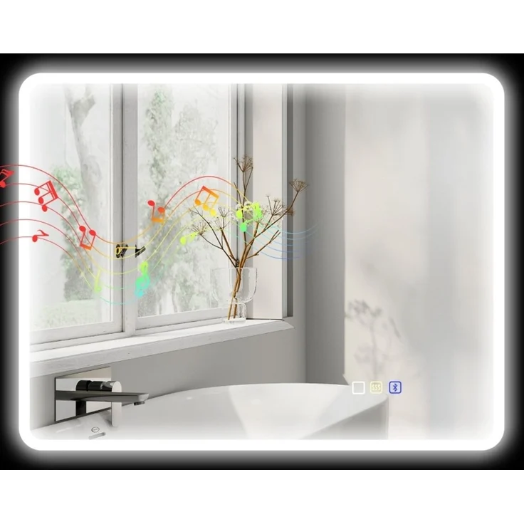 Badezimmerspiegel aus gehärtetem Glas mit LED-Beleuchtung, Bluetooth und Anti-Beschlag, 70x90 cm, Silber – Bild 3