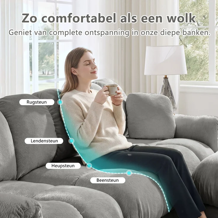 U-förmiges 2-Sitzer-Sofa mit beweglichen Hockerelementen, gesteppter Chenillebezug und dicke Polster, Wohnlandschaft für Wohnzimmer, Hellgrau – Bild 22
