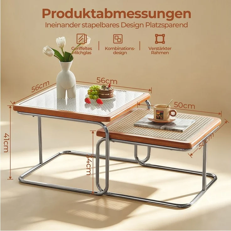 PFCTART Couchtisch 2er Couchtisch Set mit Glas & Rattan im Nesting-Design (2-St, 56/50 cm Beistelltisch für Wohnzimmer, Sofa & Lounge), Platzsparend stapelbar, Metallgestell & Kautschukholzrahmen – Bild 2