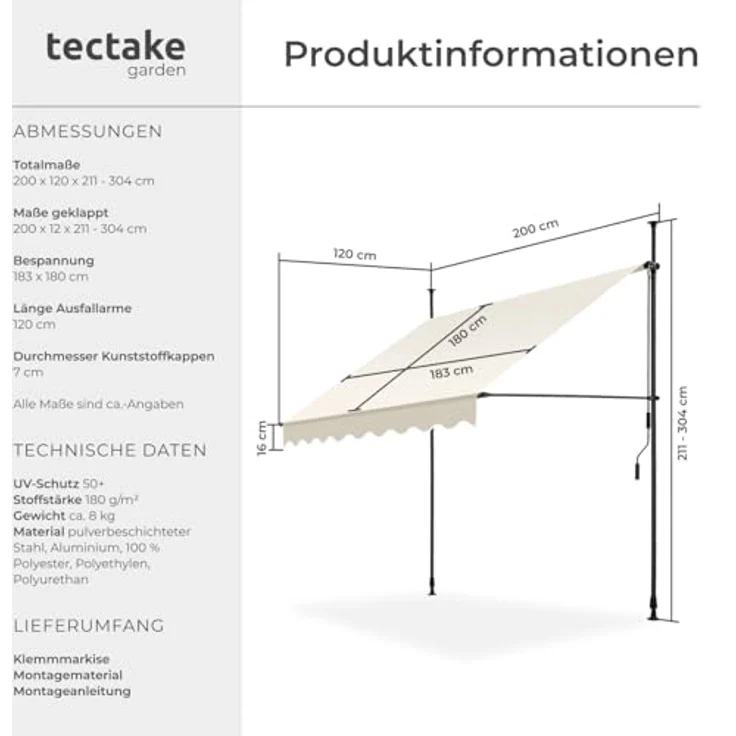 tectake® Klemmmarkise mit Handkurbel, Balkon Markise ohne Bohren, Markise höhenverstellbar, UV-beständig, wasserabweisend, Terrassenüberdachung, Sonnenschutz Terrasse & Balkon, Breite 200 cm - beige – Bild 7