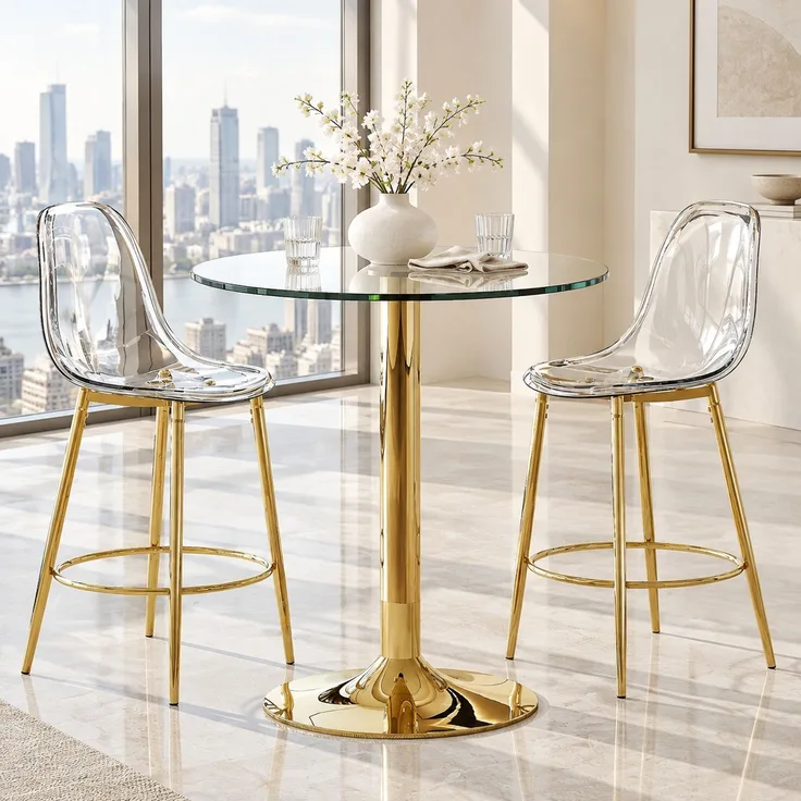 Bartisch-Set mit 2 Barhockern, Tisch Ø 89x92 cm – Glasplatte und goldfarbenes Metallgestell