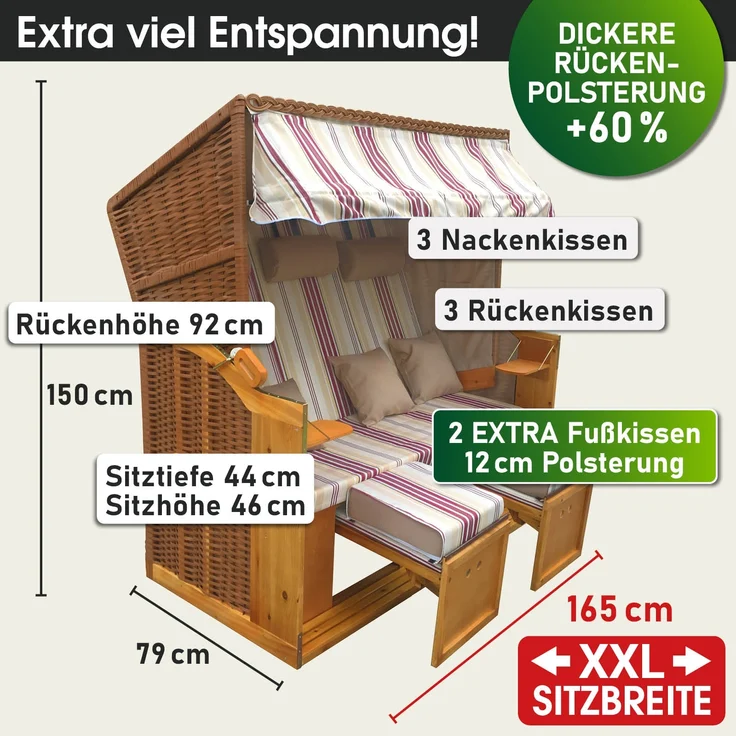 BRAST Strandkorb, Ostsee 3-Sitzer, XXL Volllieger inkl. Schutzhülle, Poly-Rattan, Rot/Beige gestreift, 165 x 160 x 79 cm – Bild 2