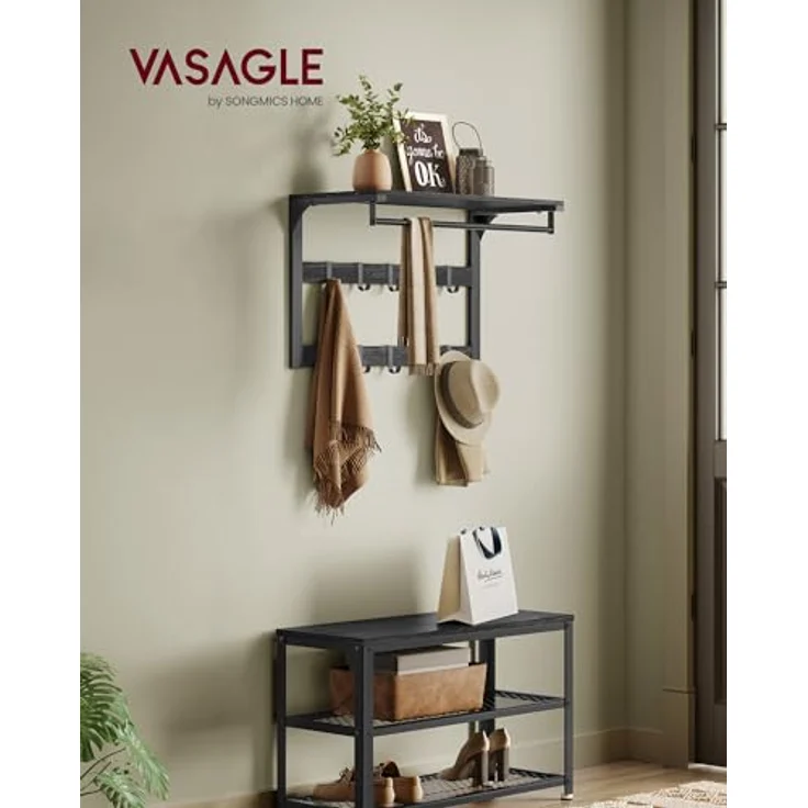 VASAGLE 2er Set Wandgarderobe, mit Ablage, Schwarz, Metall | Hakenleiste aus Holz, mit Kleiderstange, 65 x 30 x 42 cm, für Flur, COLEX Kollektion – Bild 2