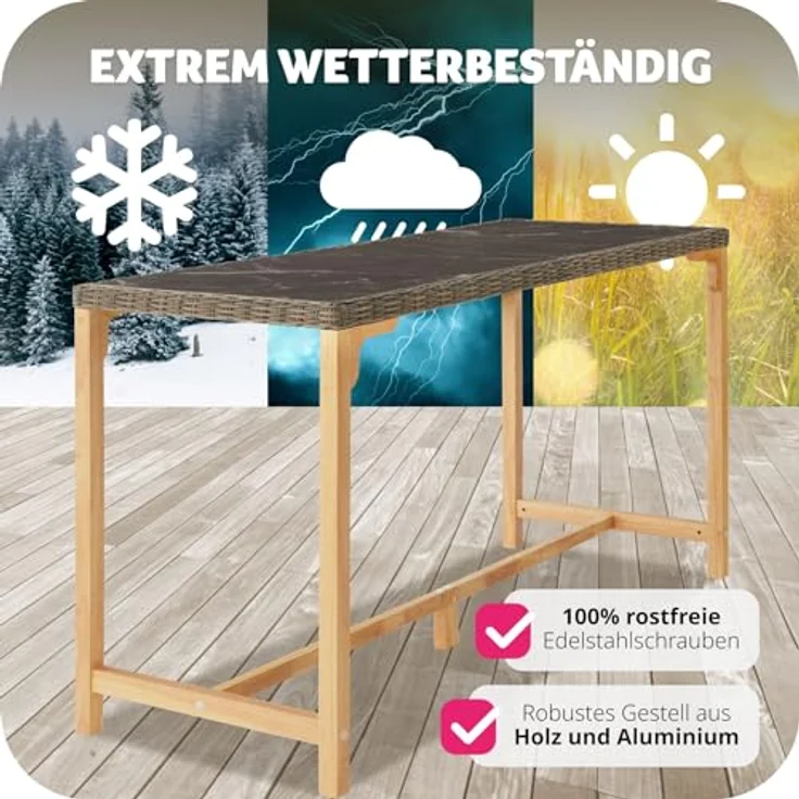 tectake Rattan-Bartisch Lovas, rechteckig, Natur, mit 2 abnehmbaren Feinsteinzeugplatten, 64.5x99.5x161 cm, Gartenmöbel – Bild 7