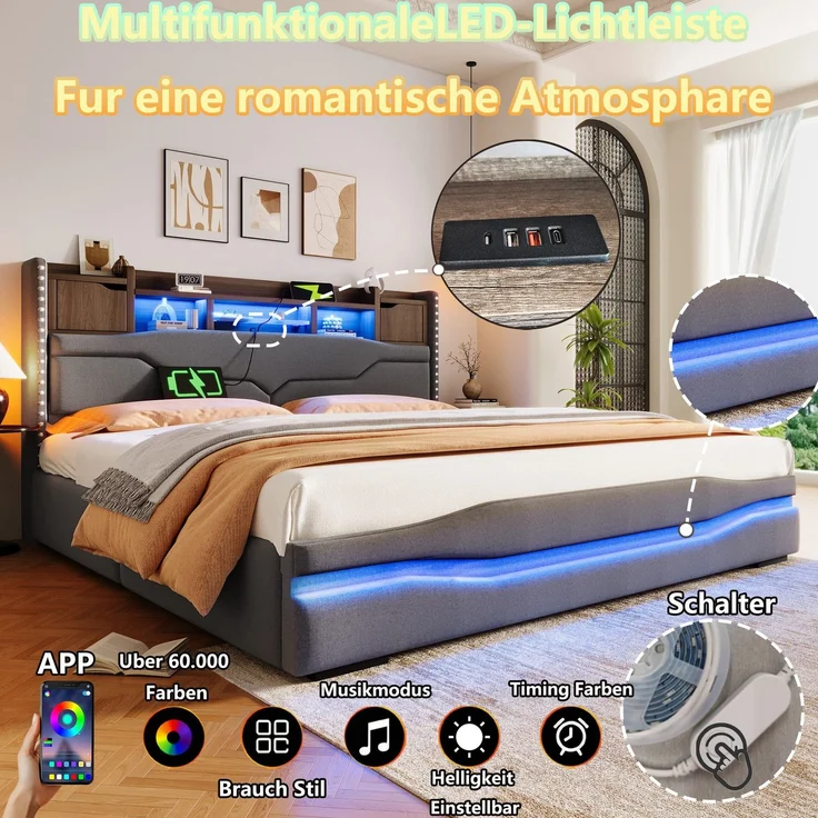 Polsterbett mit LED-Beleuchtung und Stauraum, 180x200 cm, USB/Type-C Anschlüsse, gepolsterter Kopfteil, Doppelbett, Stauraumbett, Leinen – Bild 4