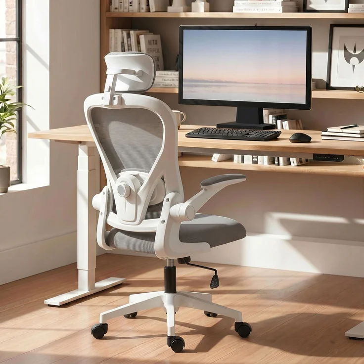 MELAYR, Bürostuhl Ergonomischer Schreibtischstuhl mit Hochklappbaren Armlehnen, 64 x 63 x 125 cm, Grau – Bild 3