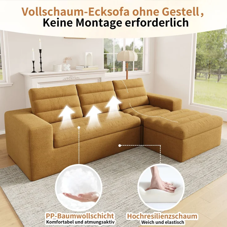 Ecksofa 253 x 161 x 89 cm in Orange, modulares Chenille-Sofa mit Hocker, rahmenlos und weich gepolstert – Bild 8