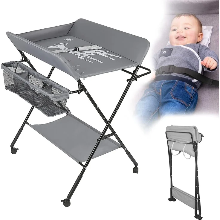 Wickelkommode, faltbar, für Babys, beweglicher Wickeltisch mit Sicherheitsgurt und Aufbewahrungsfächern, Wickelkommode, ergonomisches Design (grau) – Bild 8