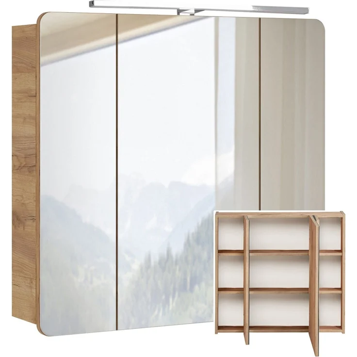 Badmöbel Set in Hochglanz weiß mit Wotan Eiche Nb. LUTON-56 mit LED-Spiegelschrank, B/H/T ca. 130/200/46 cm – Bild 6