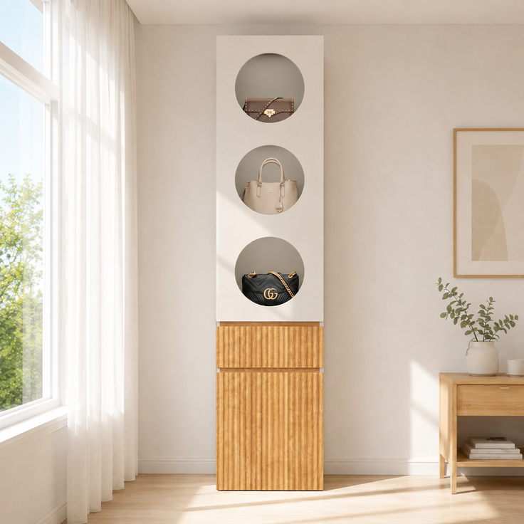 Hochschrank B 45 x T 50 x H 200 cm mit 2 Türen und Schublade in Hellgrau und Eichenoptik – Bild 2