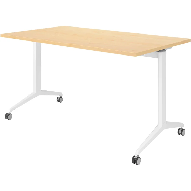 bümö Seminartisch klappbar fahrbar 140x80 cm Ahorn, Gestell weiß - Klapptisch staffelbar, mit vier Doppelrollen Büro Schulungstisch, KFZ14-3-W – Bild 1